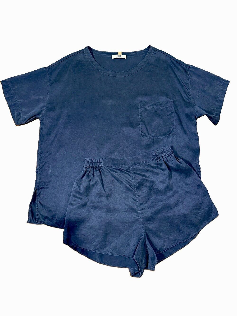 LUNYA 100% Washable Silk Pajama Set Navy Blue Women’s XS Loungewear Shorts Top